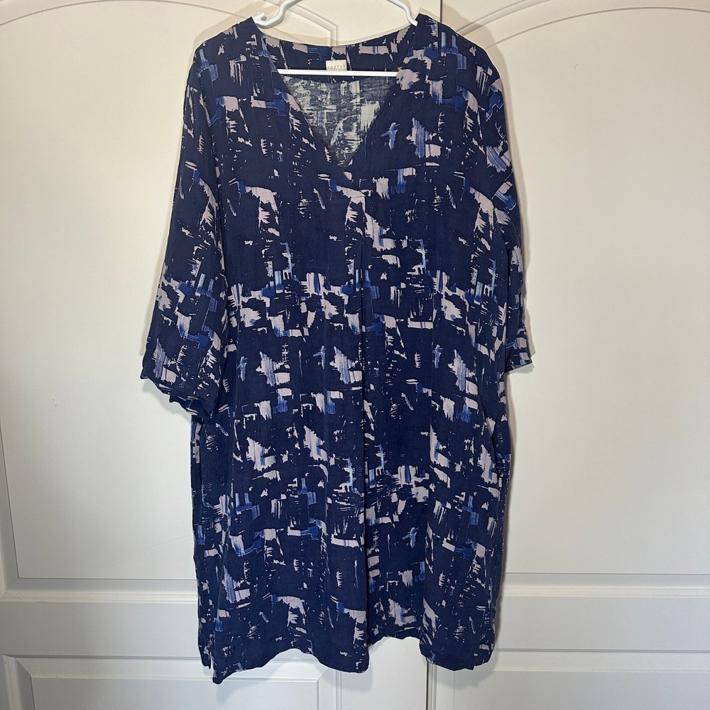 Poetry Shift Dress Womens 14 Blue Silk Linen Abstract Print V-Neck Pockets